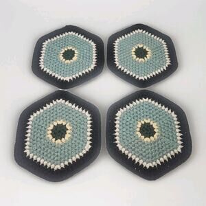 Crochet Knit Granny Square Placemats Set Of 4 Handmade Black Teal Cream Green